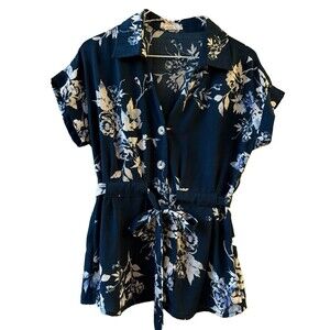 LIFE Love is for Eternity Women’s Blouse L Navy/White Floral Tie Waist